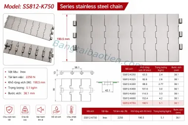 XÍCH INOX SS812-K750 (Xích Tải Thẳng Chịu Lực Cao)